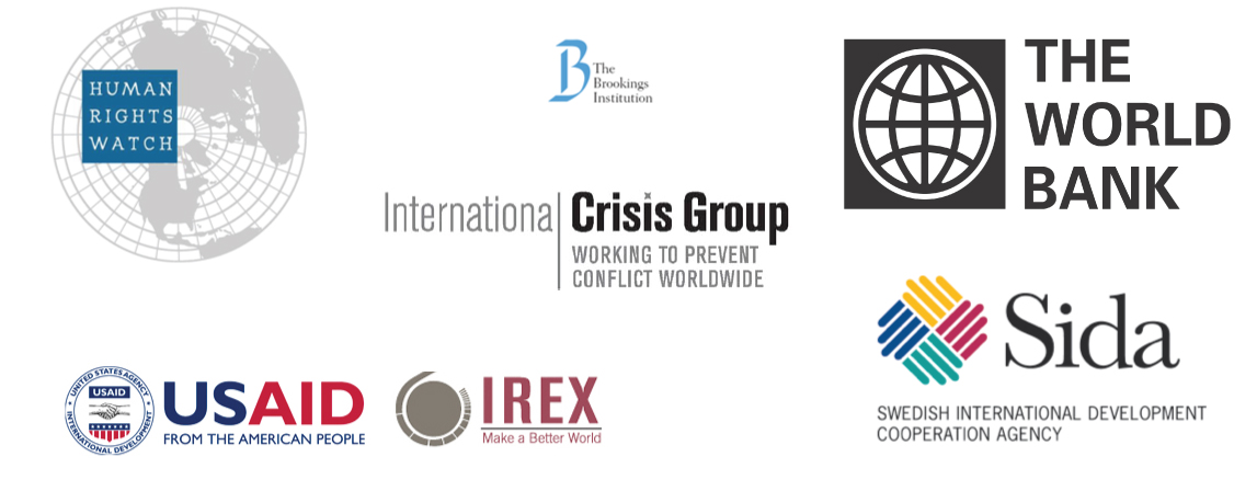 human rights watch, the brookings institution, international crisis group, the world bank, sida swedish international development cooperation agency, usaid, irex make a better world